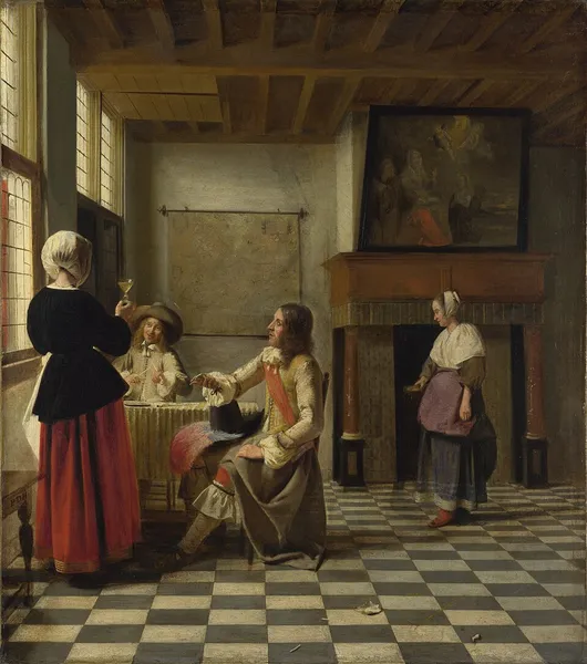 A Woman Drinking with Two Men