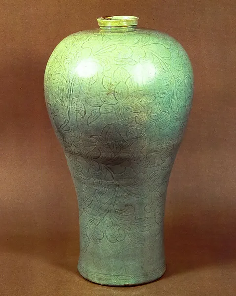 Celadon Prunus Vase with Incised Lotus and Scroll Design